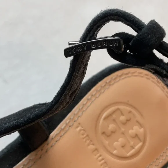 Tory Burch black suede sandal w/ rhinestone logo Size 8 - Picture 4 of 13